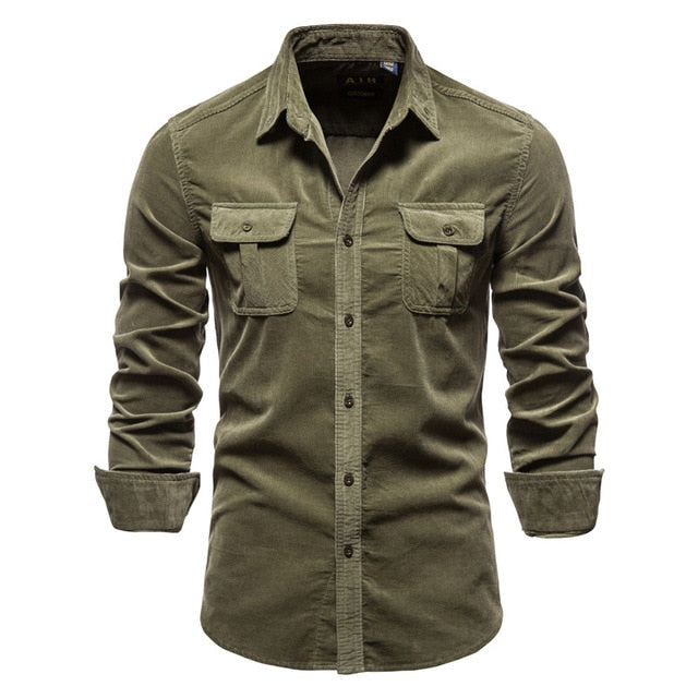 New Pocket Breasted 100% Cotton Men's Shirt. Business Casual  Solid Color Corduroy Men Shirts. Autumn Slim Shirt Men.