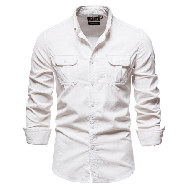 New Pocket Breasted 100% Cotton Men's Shirt. Business Casual  Solid Color Corduroy Men Shirts. Autumn Slim Shirt Men.