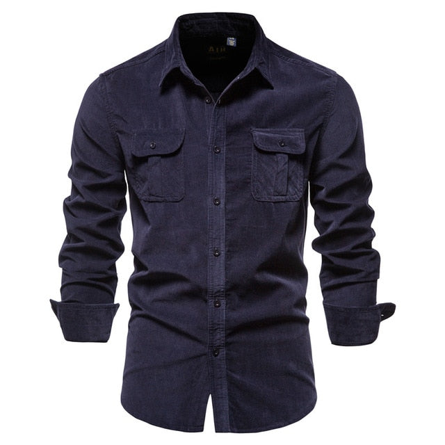 New Pocket Breasted 100% Cotton Men's Shirt. Business Casual  Solid Color Corduroy Men Shirts. Autumn Slim Shirt Men.