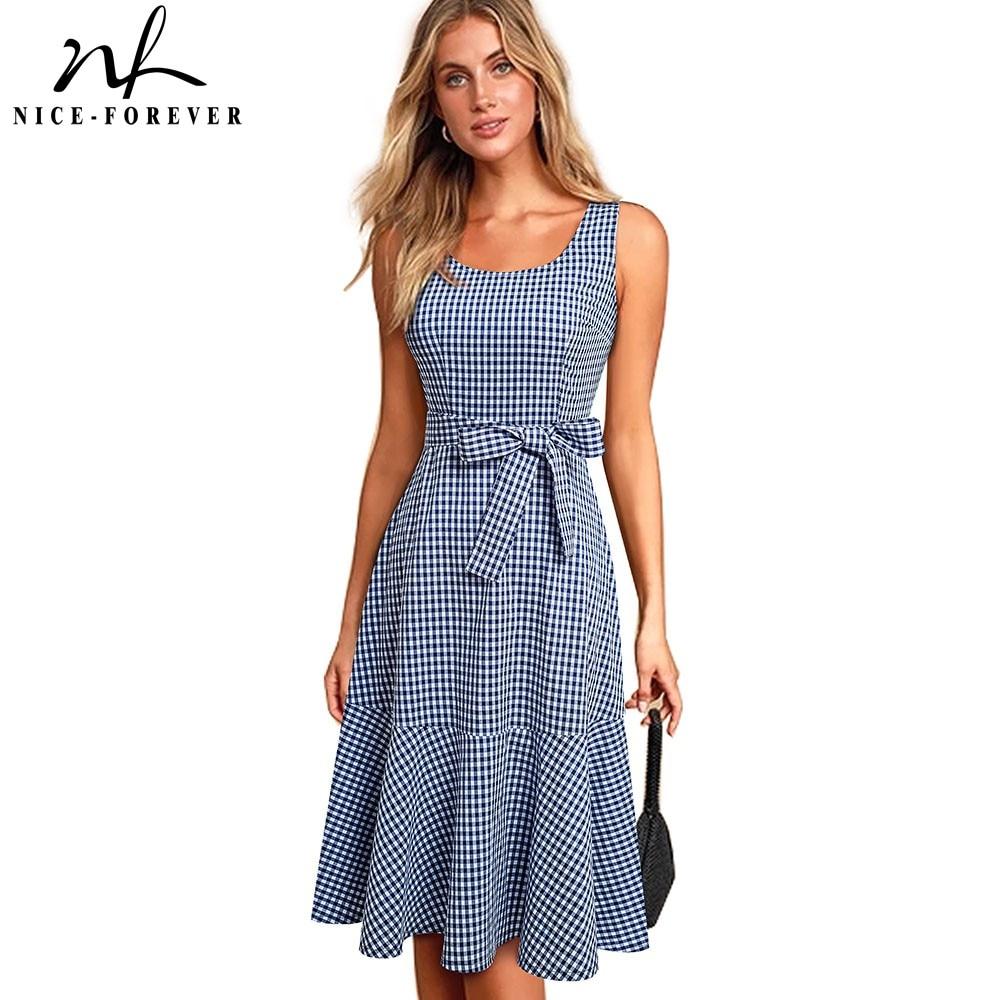 Spring Casual Plaid Sleeveless Dress. A-Line Flare Swing Dress.