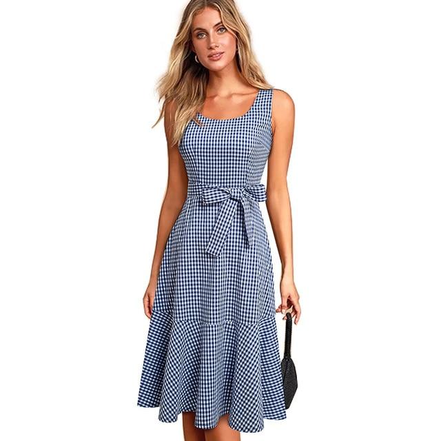 Spring Casual Plaid Sleeveless Dress. A-Line Flare Swing Dress.