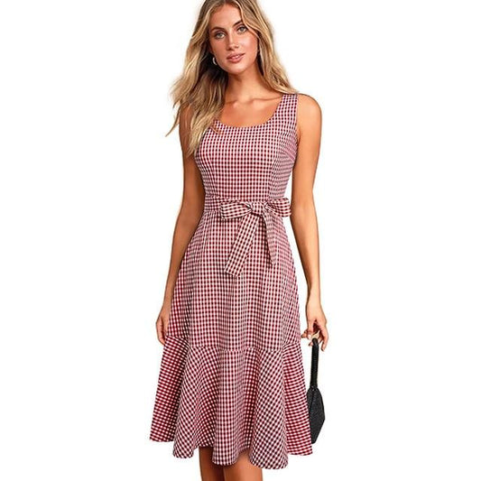 Spring Casual Plaid Sleeveless Dress. A-Line Flare Swing Dress.